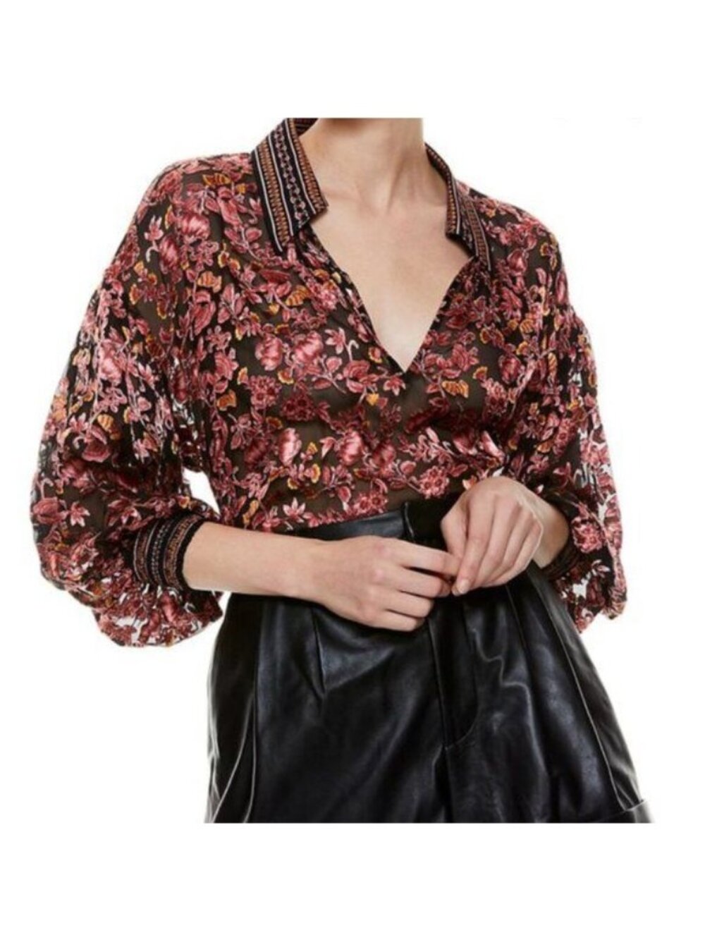 Alice Olivia Desiree Velvet Burnout Floral Vneck Silk Blend Blouse Womens XS
